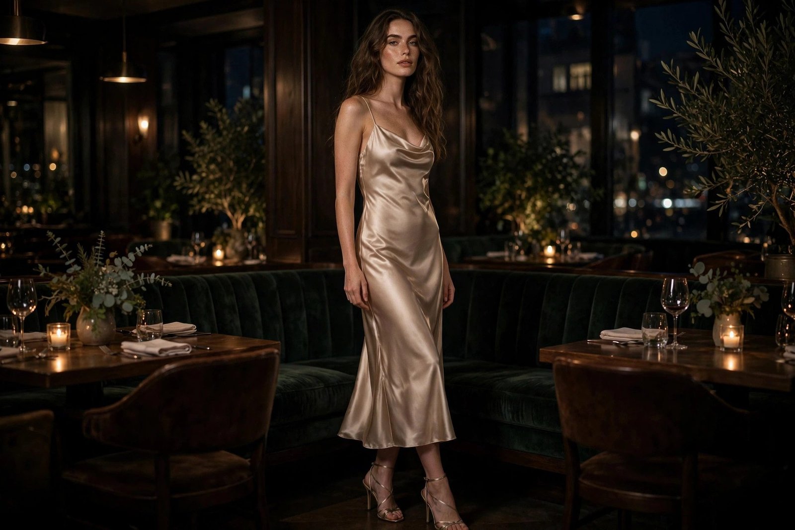 Woman in a champagne satin slip dress with strappy heels for a night out