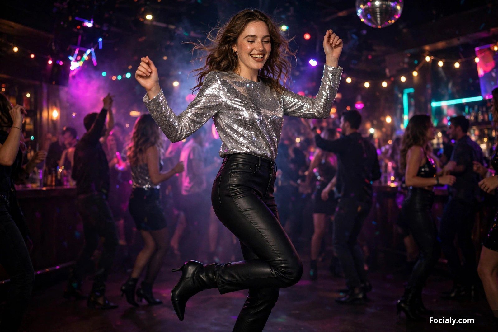 Woman wearing a sequin top with black leather pants at a party