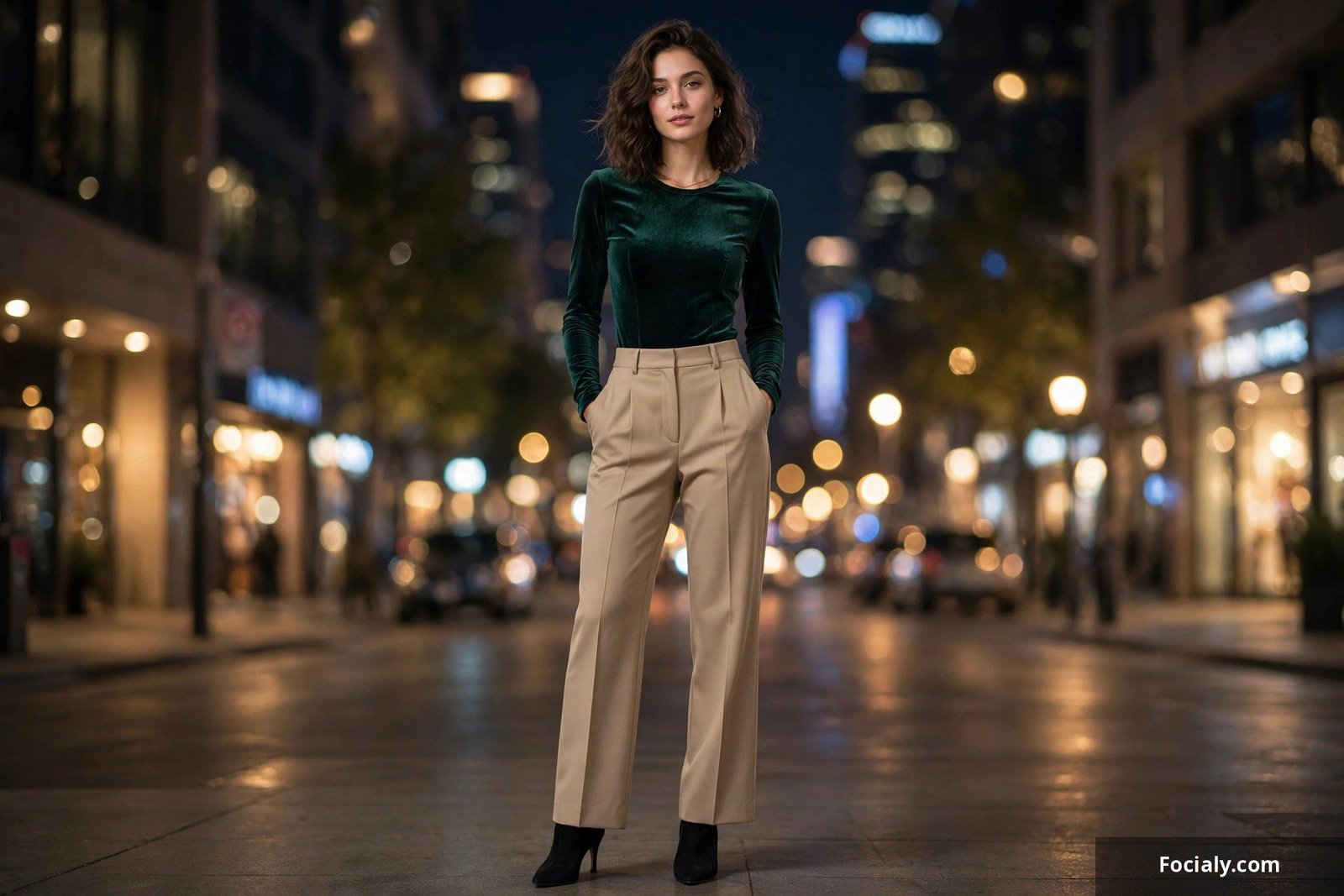 Woman in a velvet bodysuit with high-waist tailored trousers at night