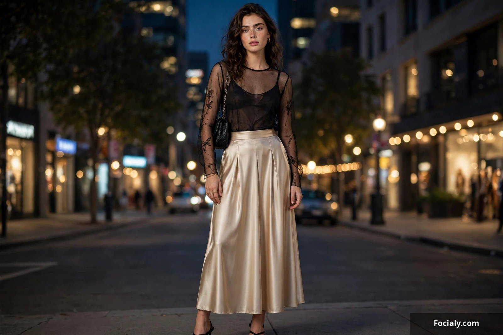 Woman wearing a sheer mesh top with a satin skirt for a night out