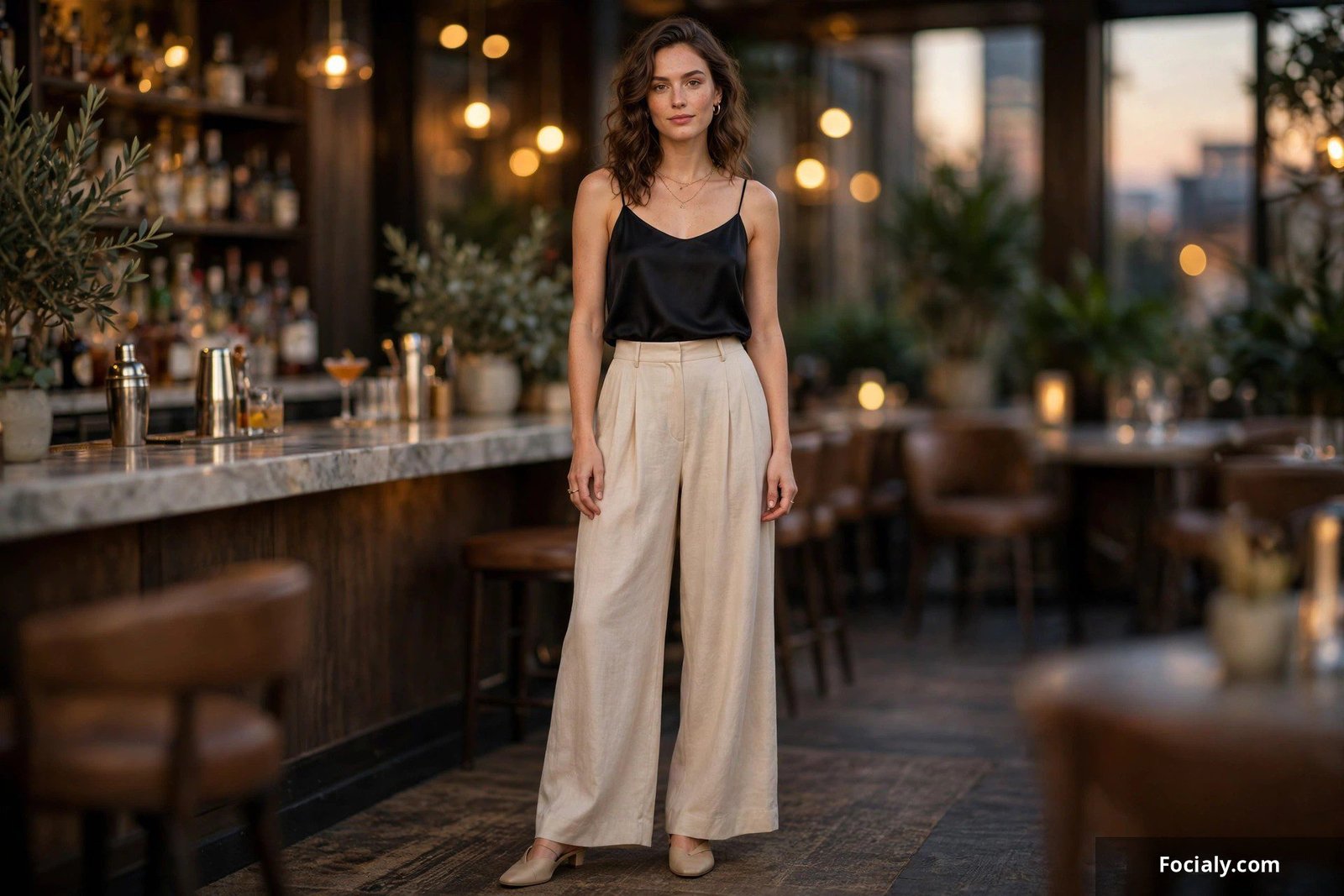 Woman in a silk camisole with wide-leg trousers at a cocktail bar