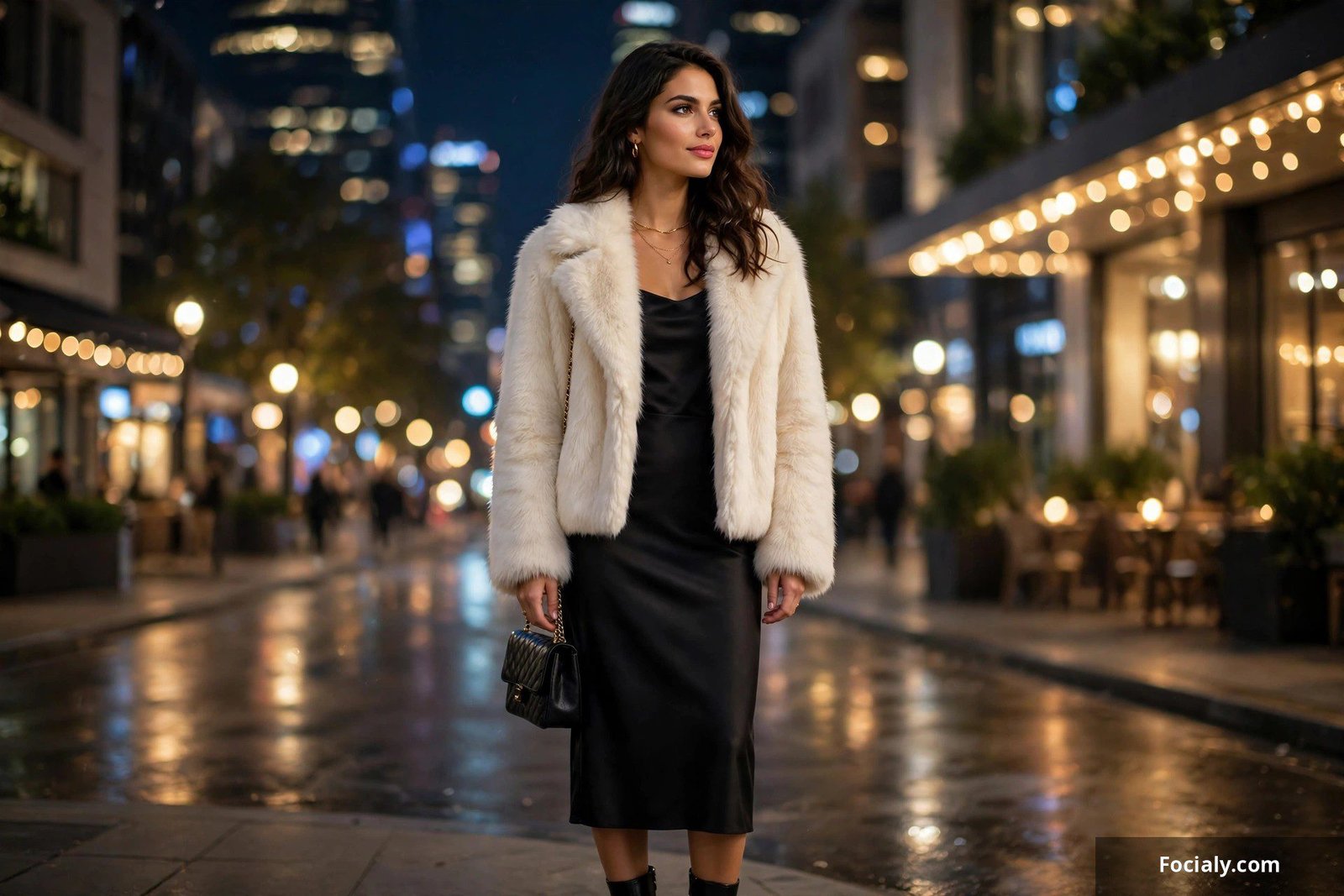 Woman in a faux fur jacket over a black dress outside at night