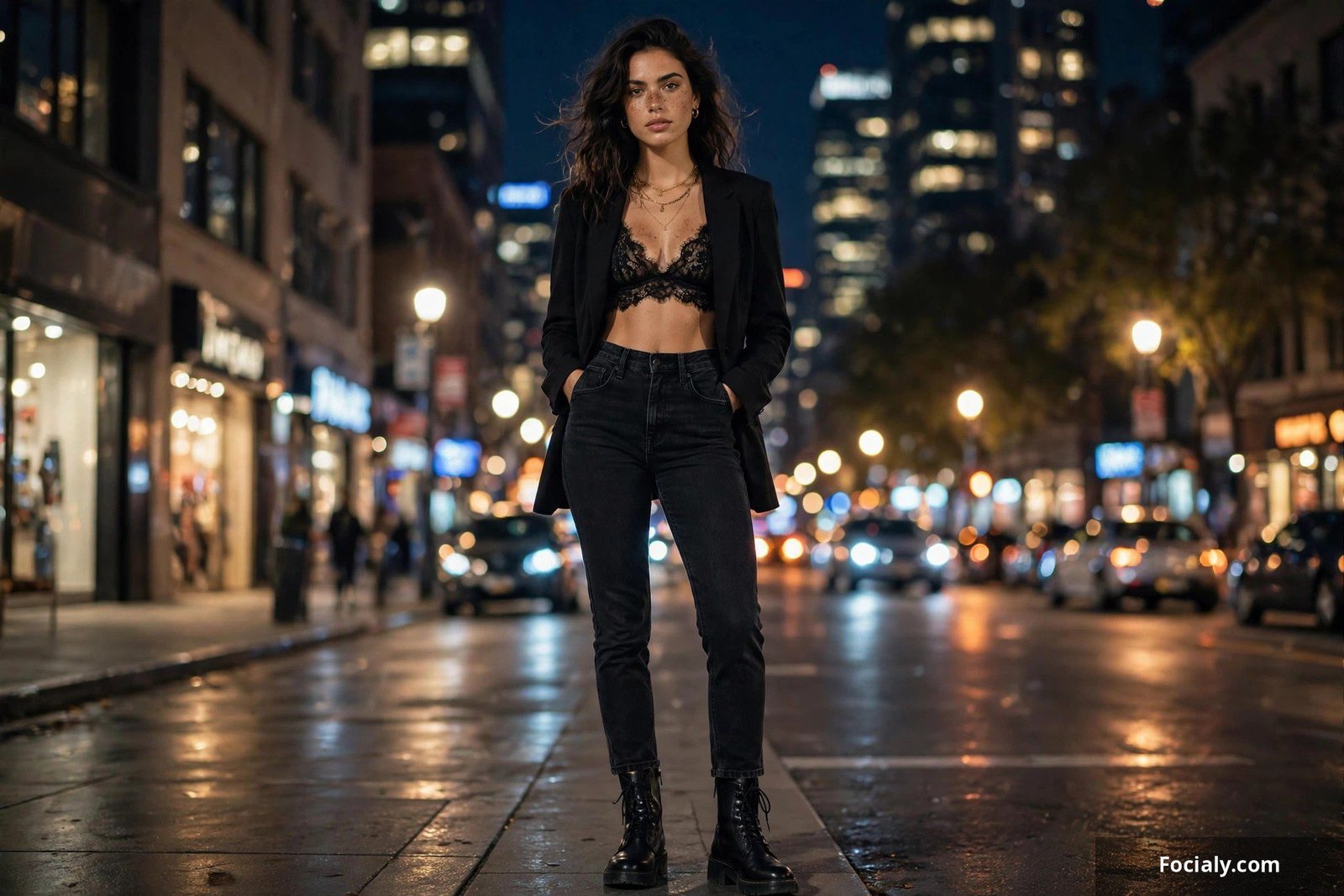 Woman in a lace bralette with dark high-waist jeans and a blazer at night