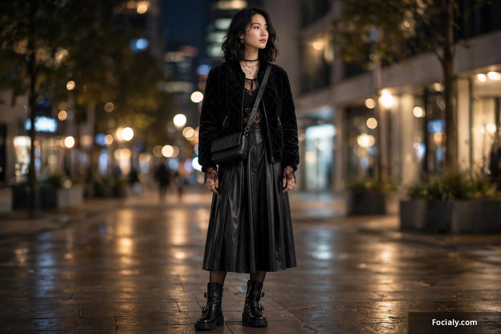 Woman in an all-black outfit with different textures for a night out