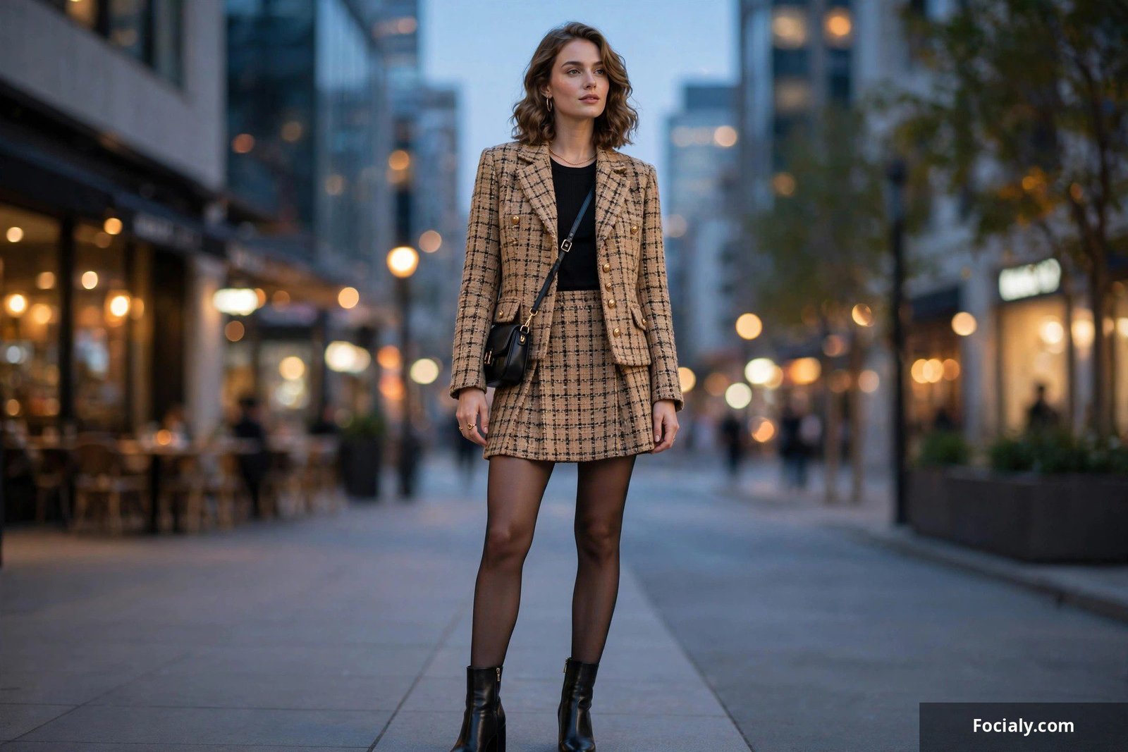 Woman in a tweed jacket and mini skirt set for a night out