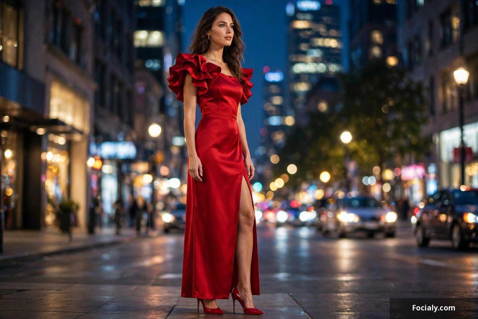 Woman in a red dress with heels for a night out