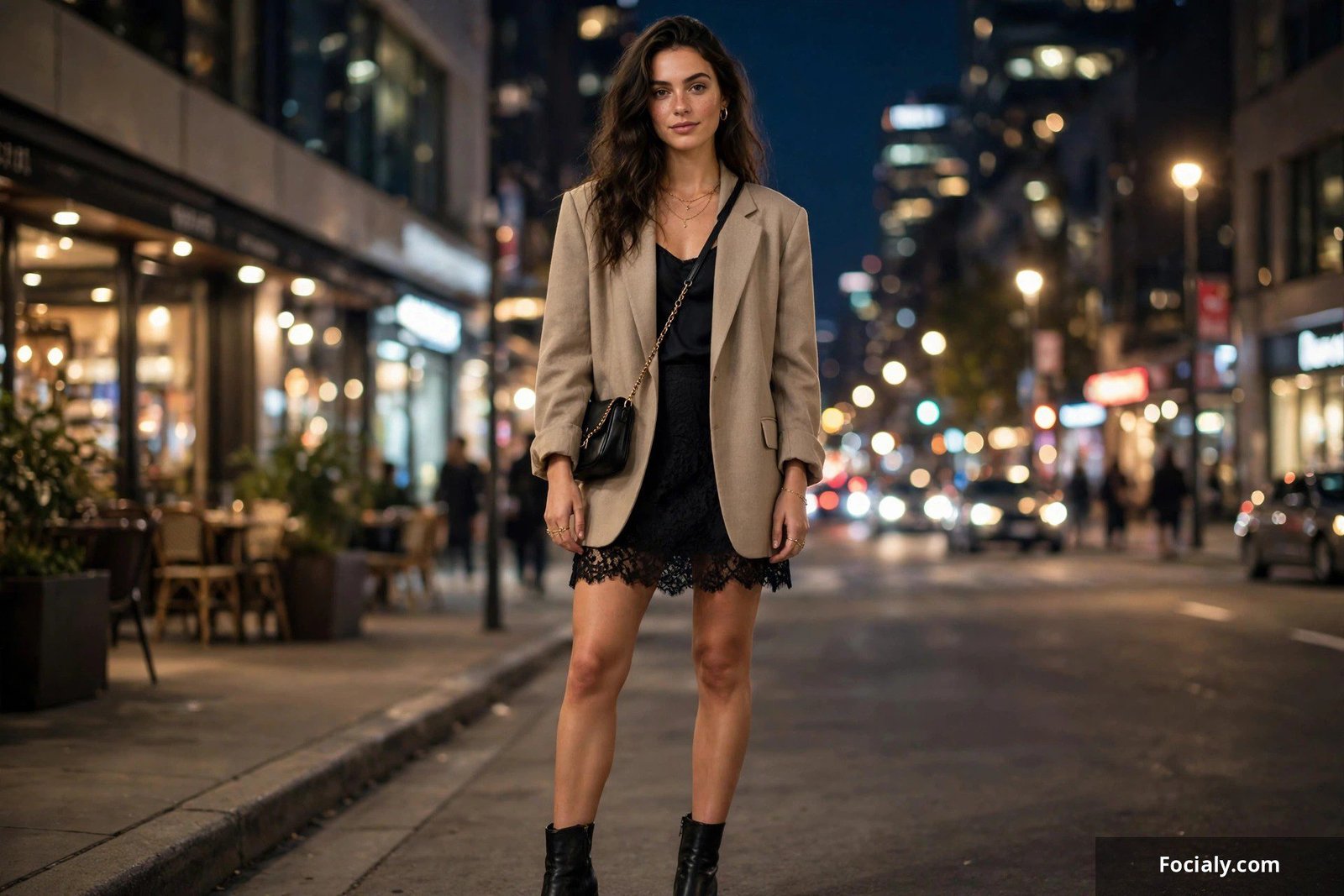 Woman in a lace mini skirt with an oversized blazer at night