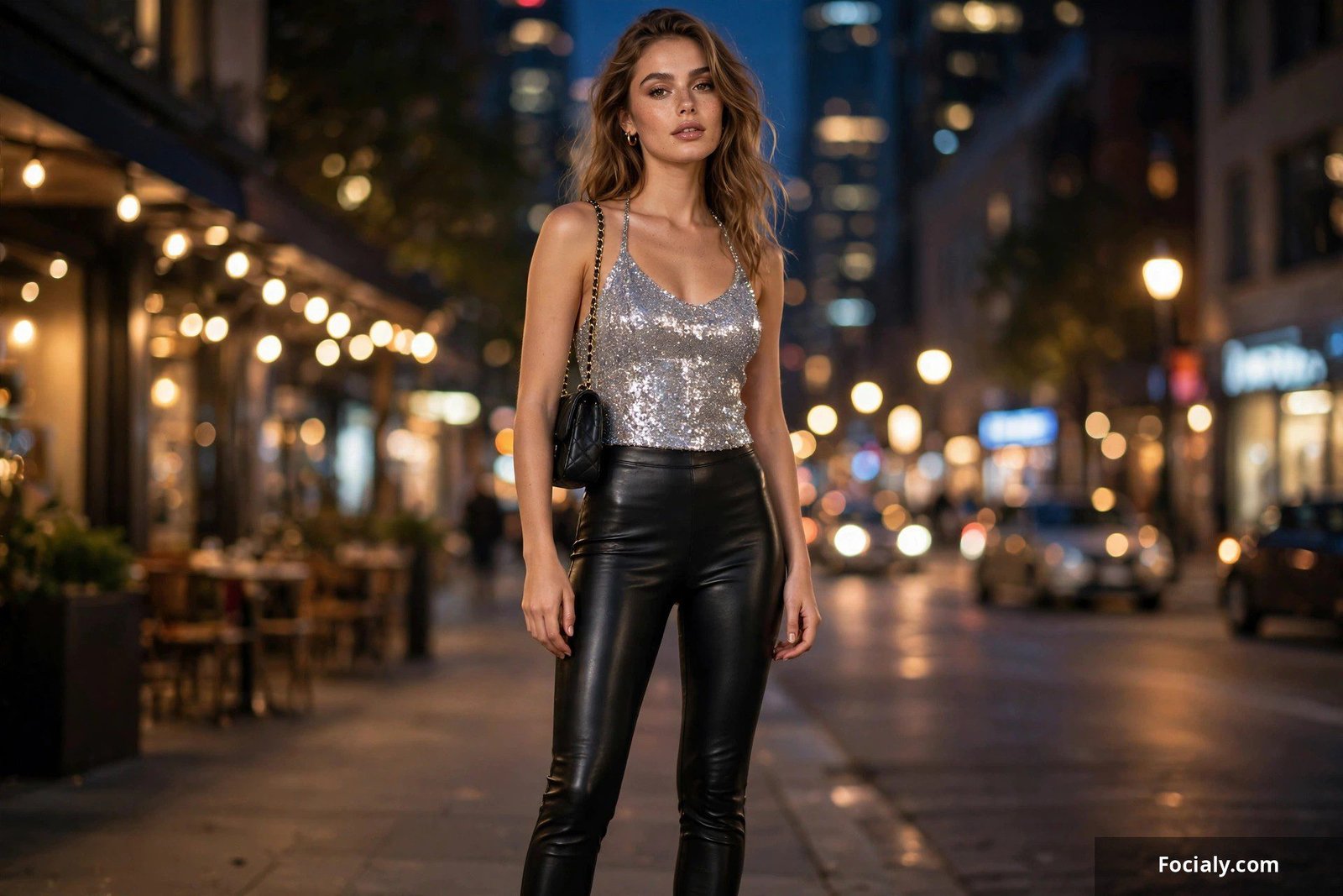 Woman in a shimmer top with black leather leggings for a night out