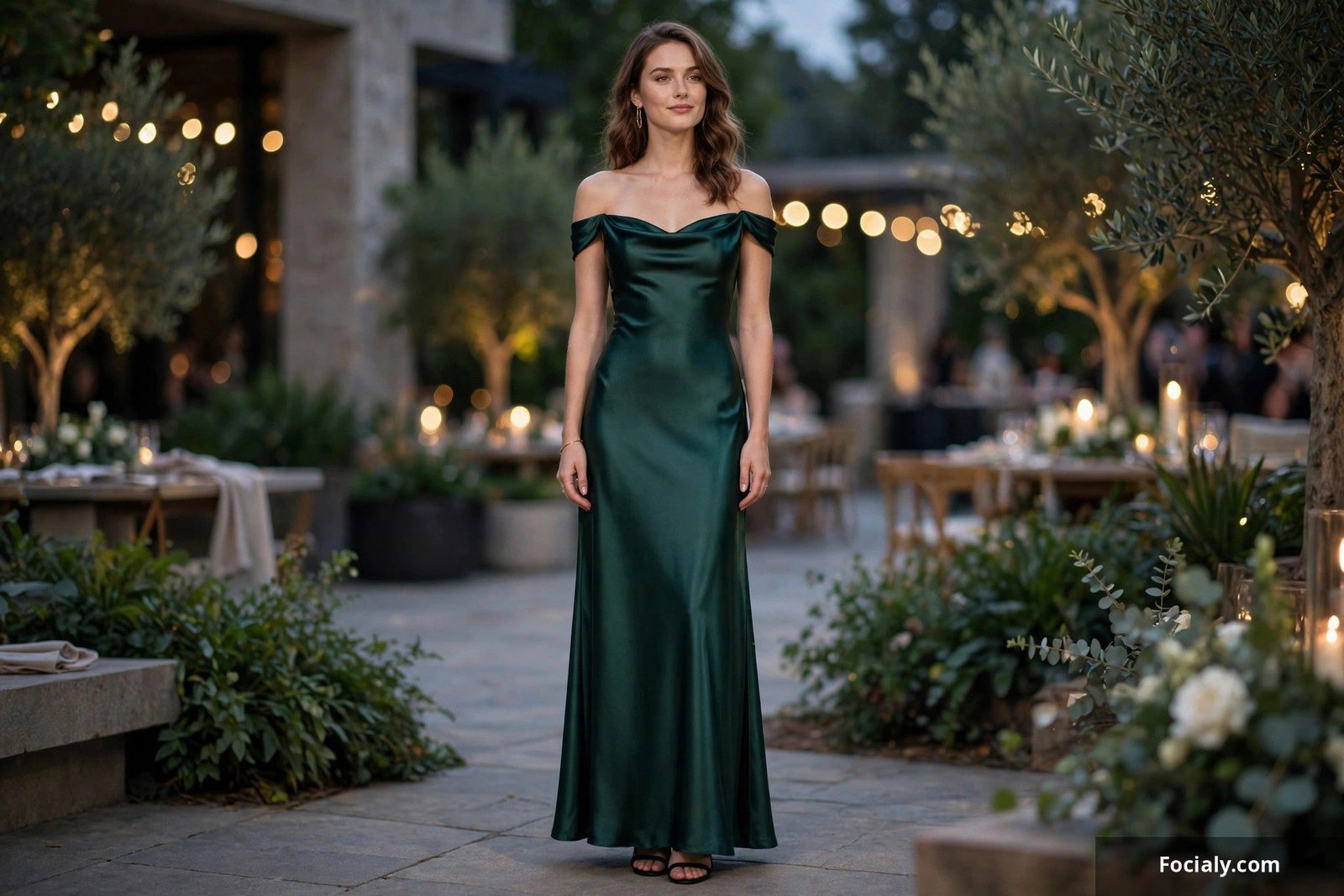 Woman in a satin maxi dress with bare shoulders at an evening event