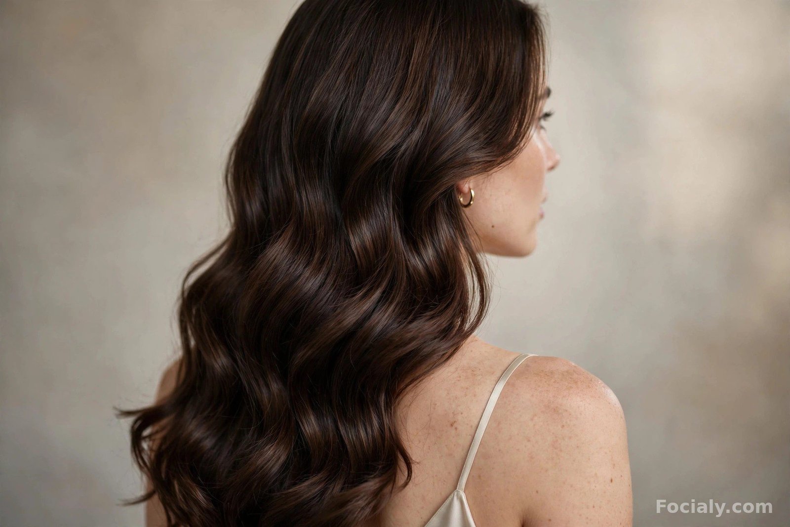 Woman with glossy deep chocolate brown hair in soft waves