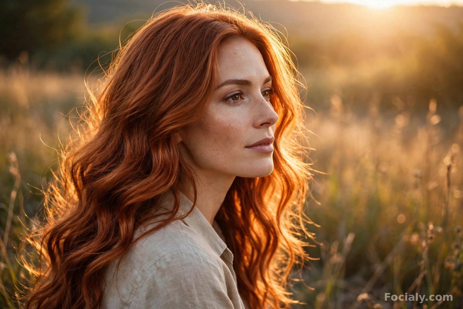 Woman with warm copper-toned wavy hair in sunlight