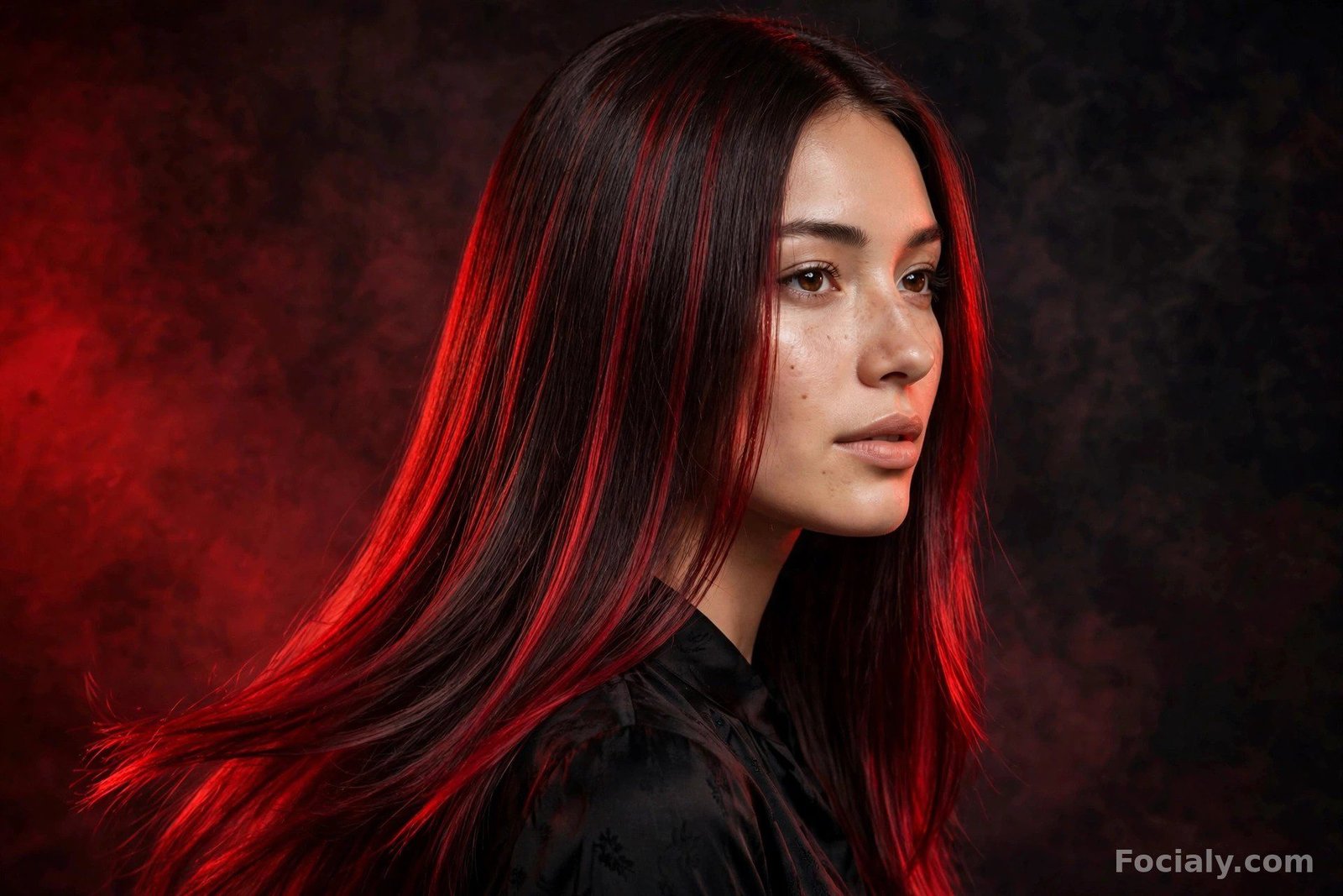 Woman with deep cherry cola red-brown hair, glossy and sleek