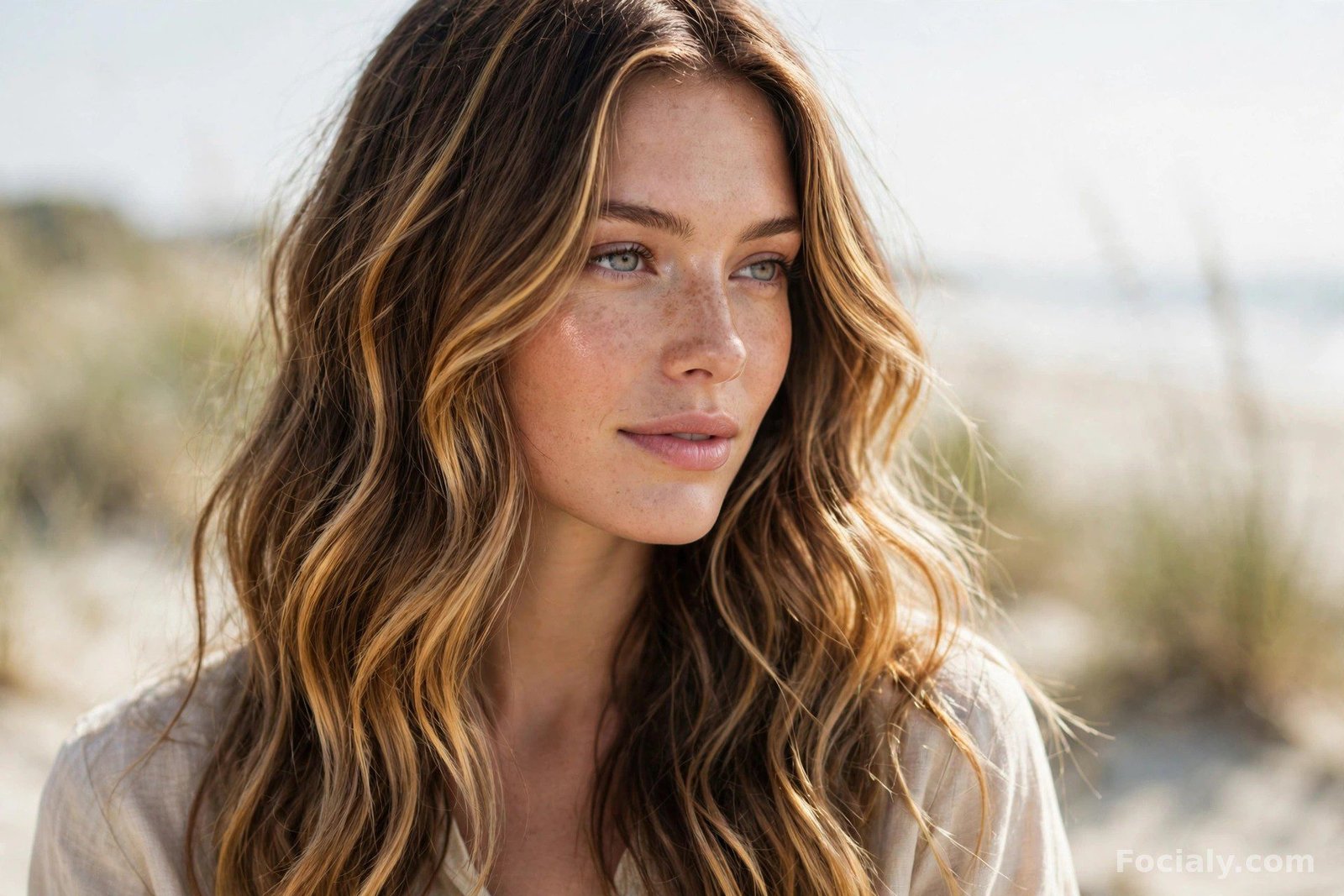 Woman with sun-kissed golden blonde balayage on long brown hair