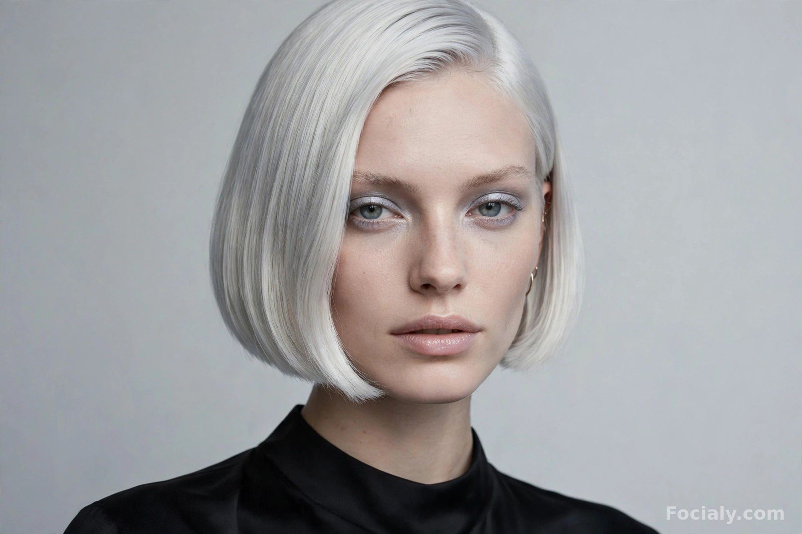 Woman with icy platinum blonde hair in a sleek bob