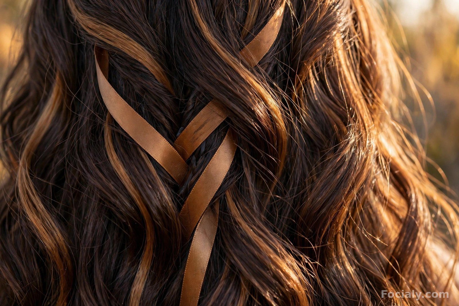 Brunette hair with caramel ribbon highlights woven through