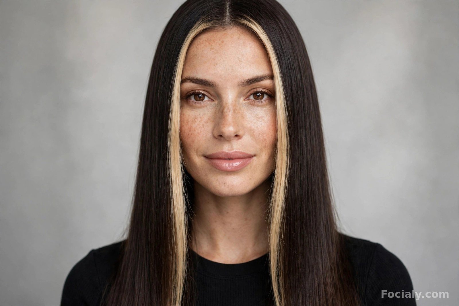 Dark espresso hair with bright face-framing money piece highlights