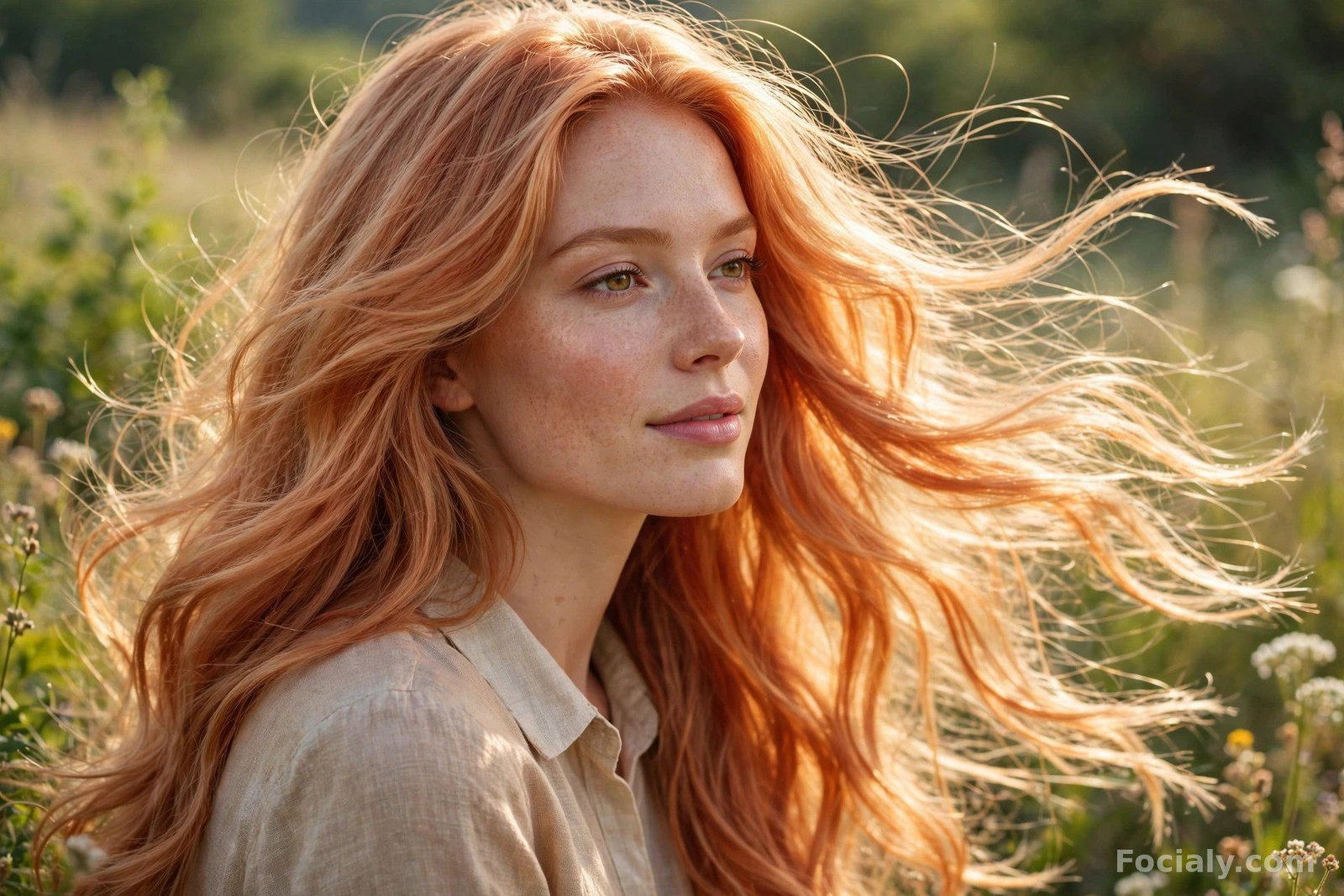 Woman with warm strawberry blonde hair glowing in natural light
