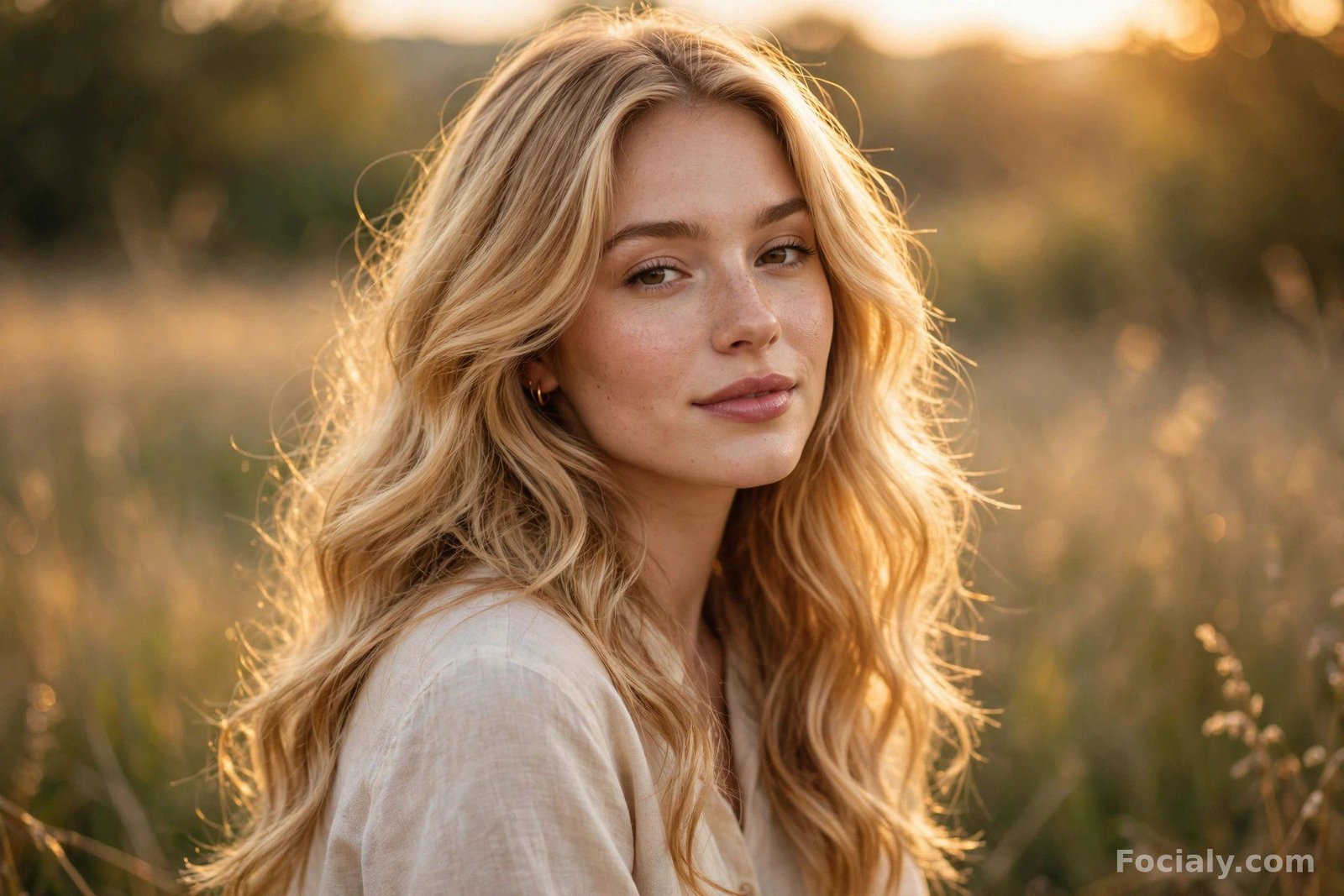 Woman with warm honey butter blonde hair in loose waves