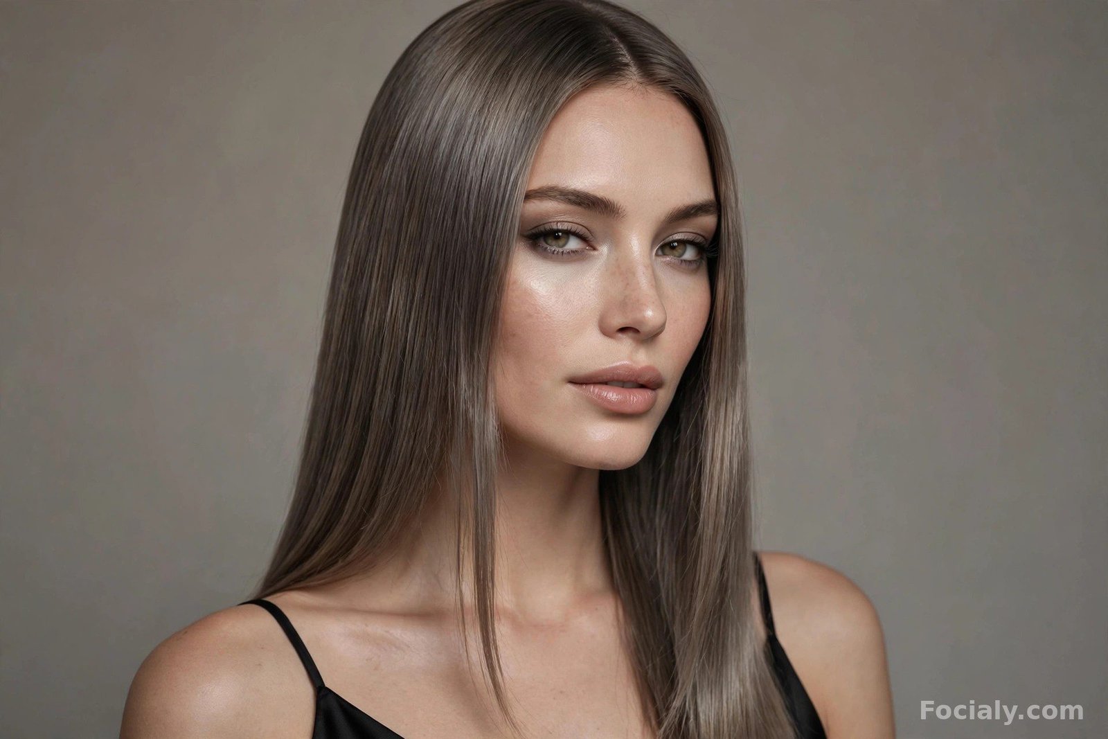 Woman with cool smoky ash brown hair, sleek and straight