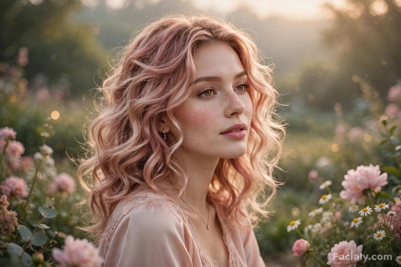 Woman with rose gold pink-blonde hair in soft curls