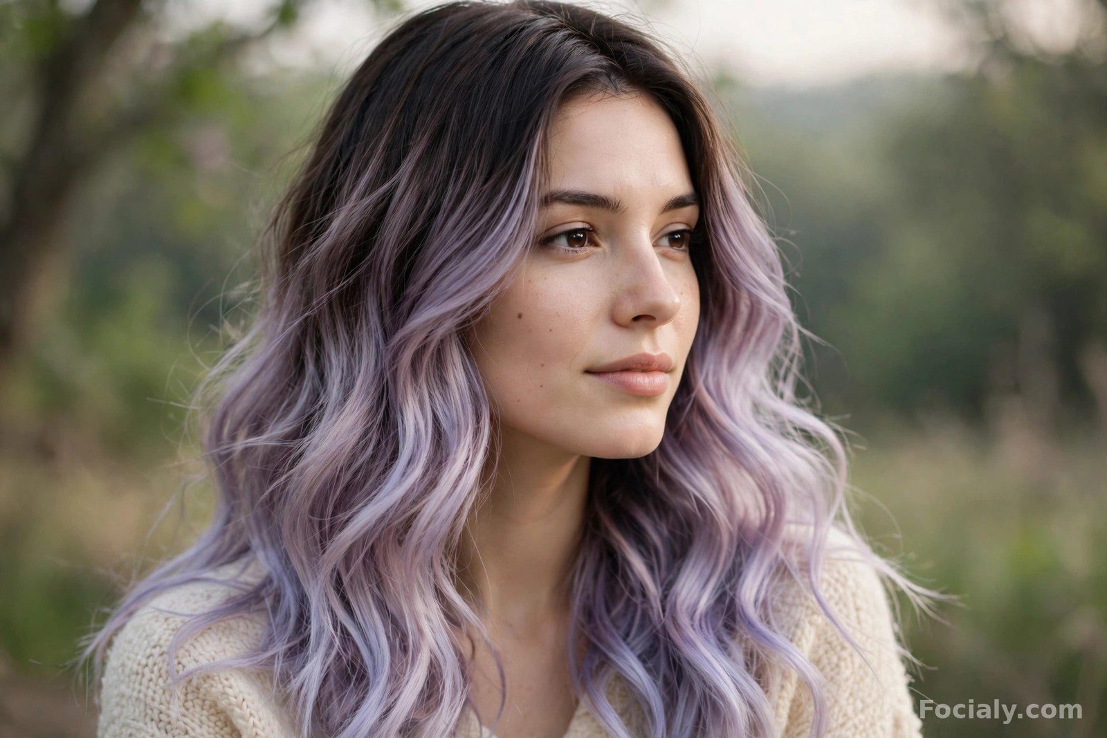 Cool lilac balayage on dark hair with pastel purple ends