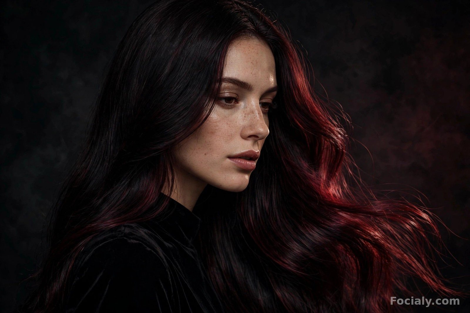 Near-black hair with deep burgundy cherry tones in the light