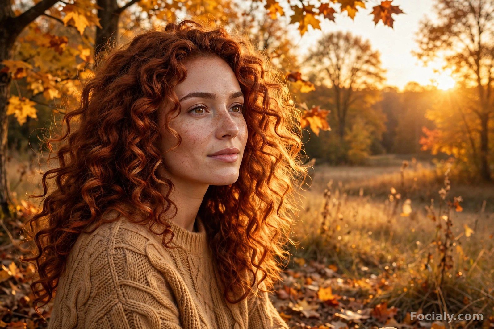 Woman with spicy cinnamon brown-red hair in bouncy curls