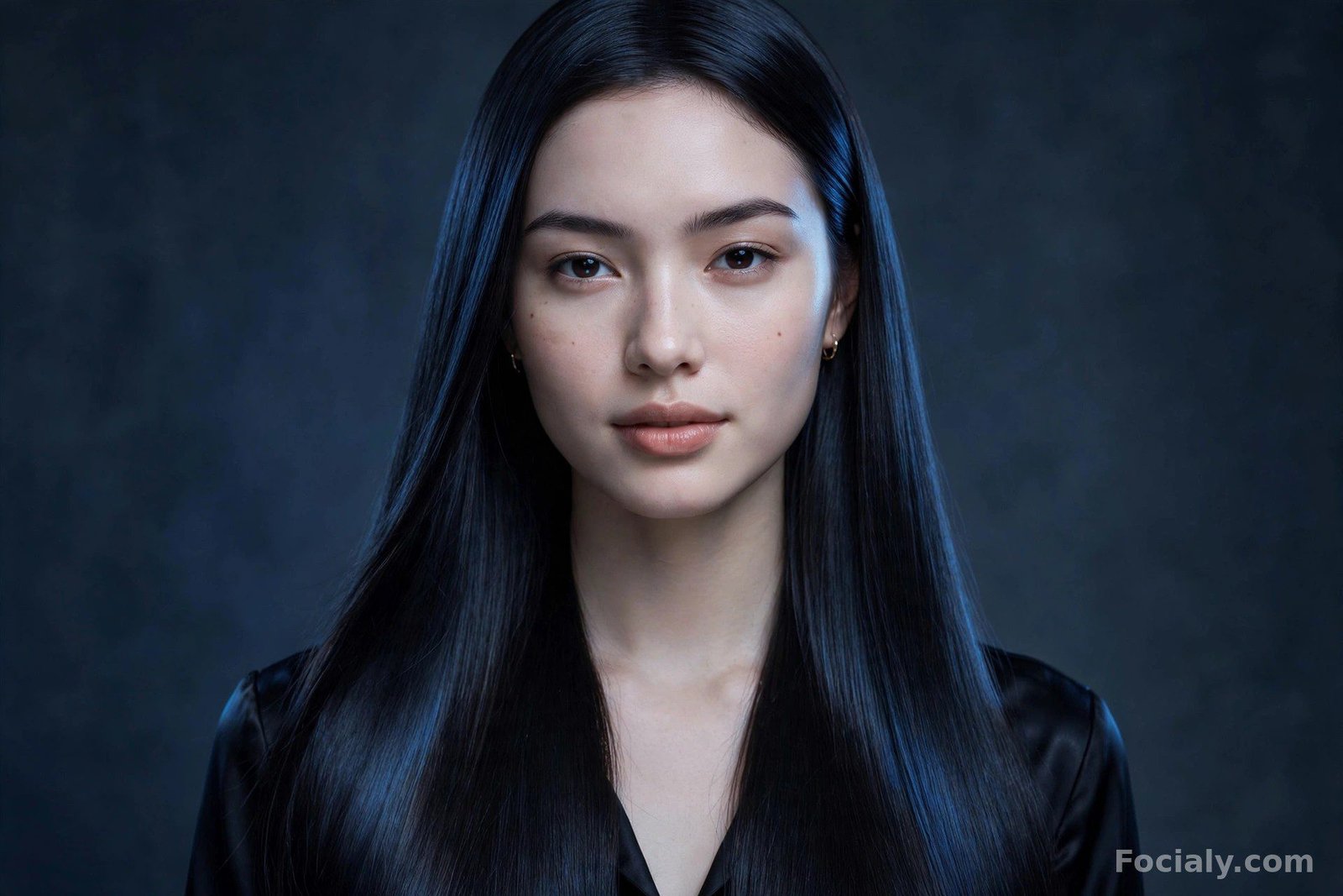 Blue-black hair with cool sheen on sleek long hair