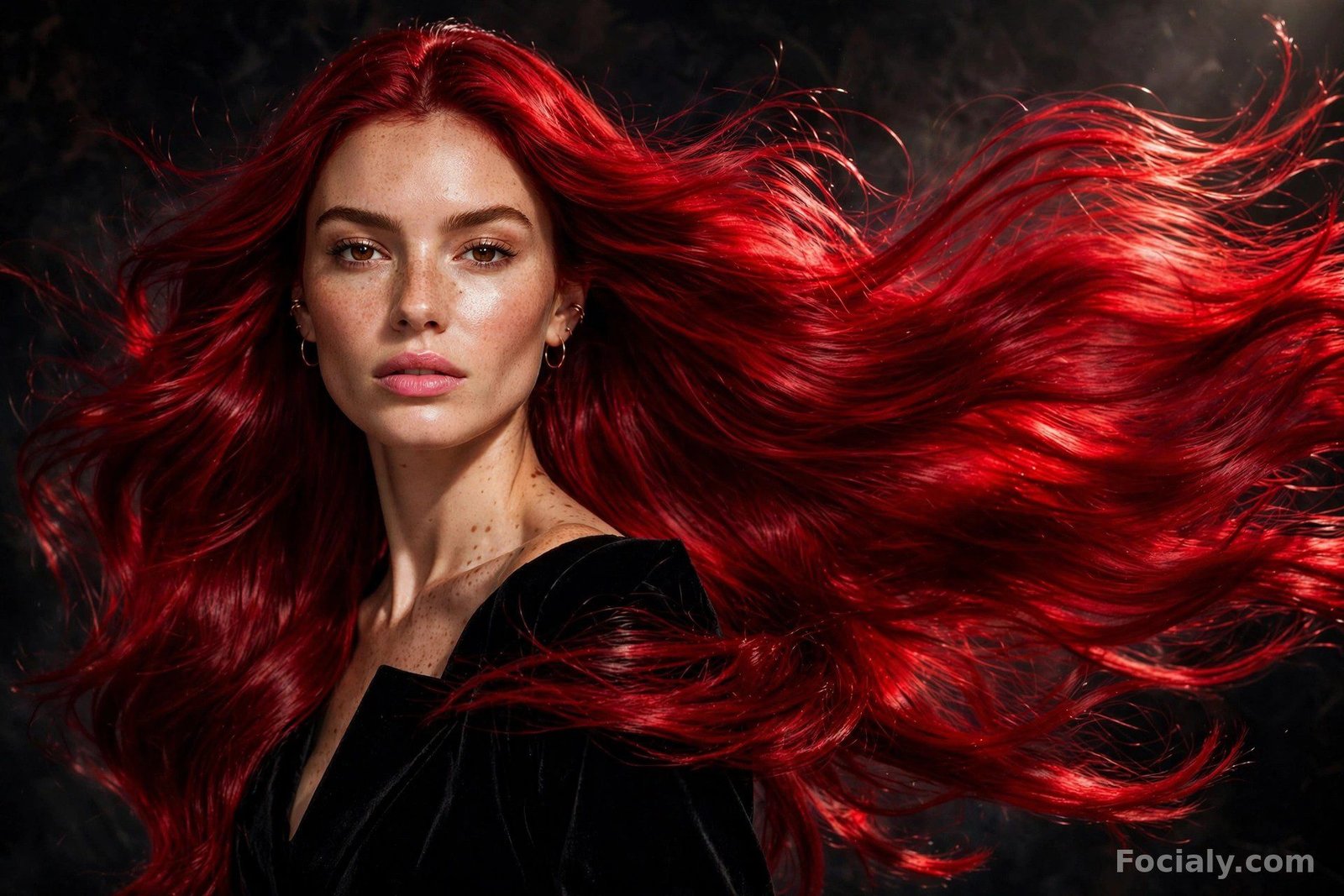 Woman with rich true red velvet hair, vibrant and glossy