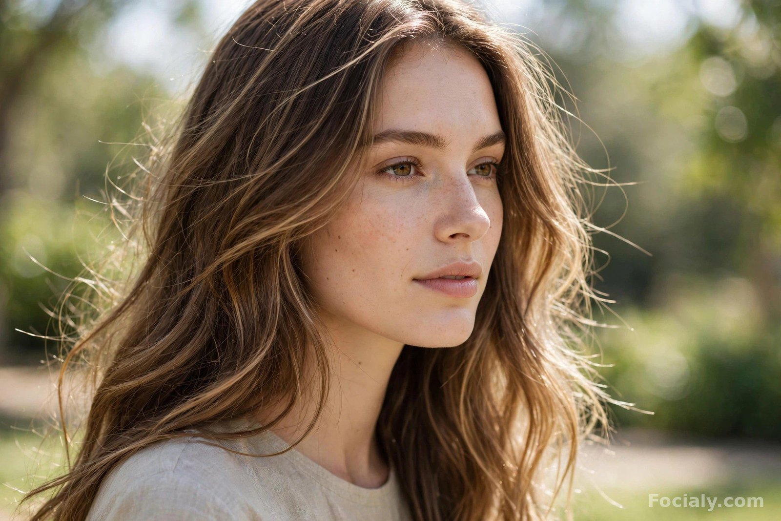 Fine honey babylights woven through brown hair, natural look