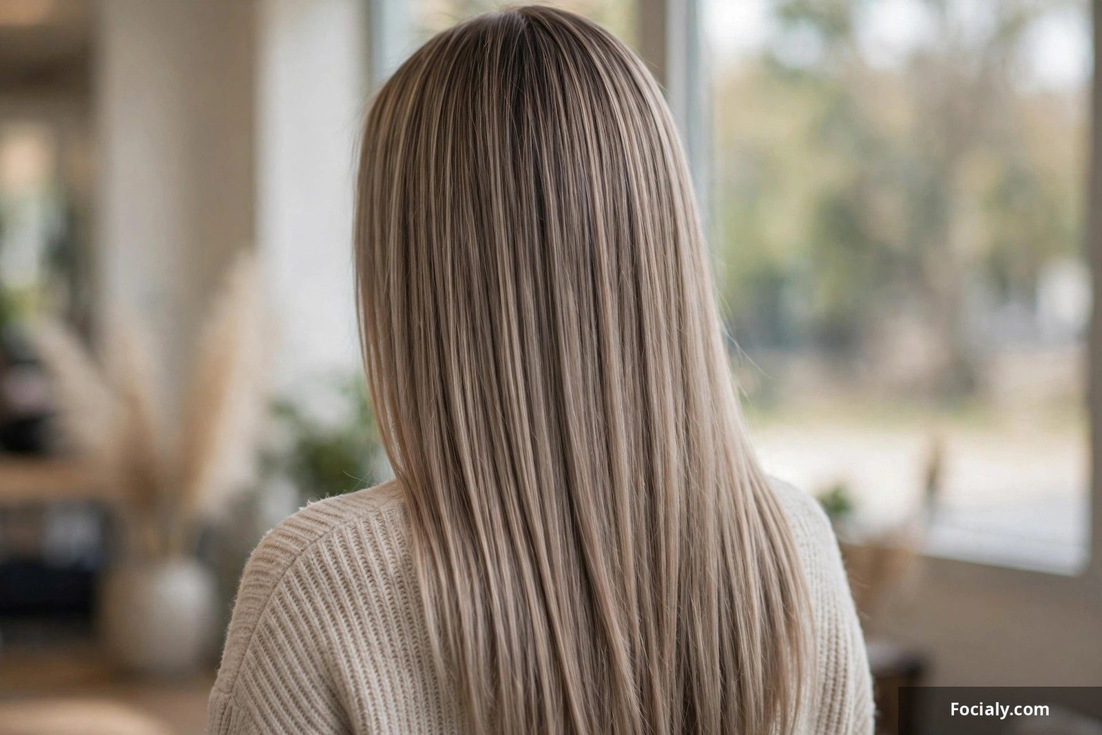 Cool taupe mushroom blonde hair with ashy dimension