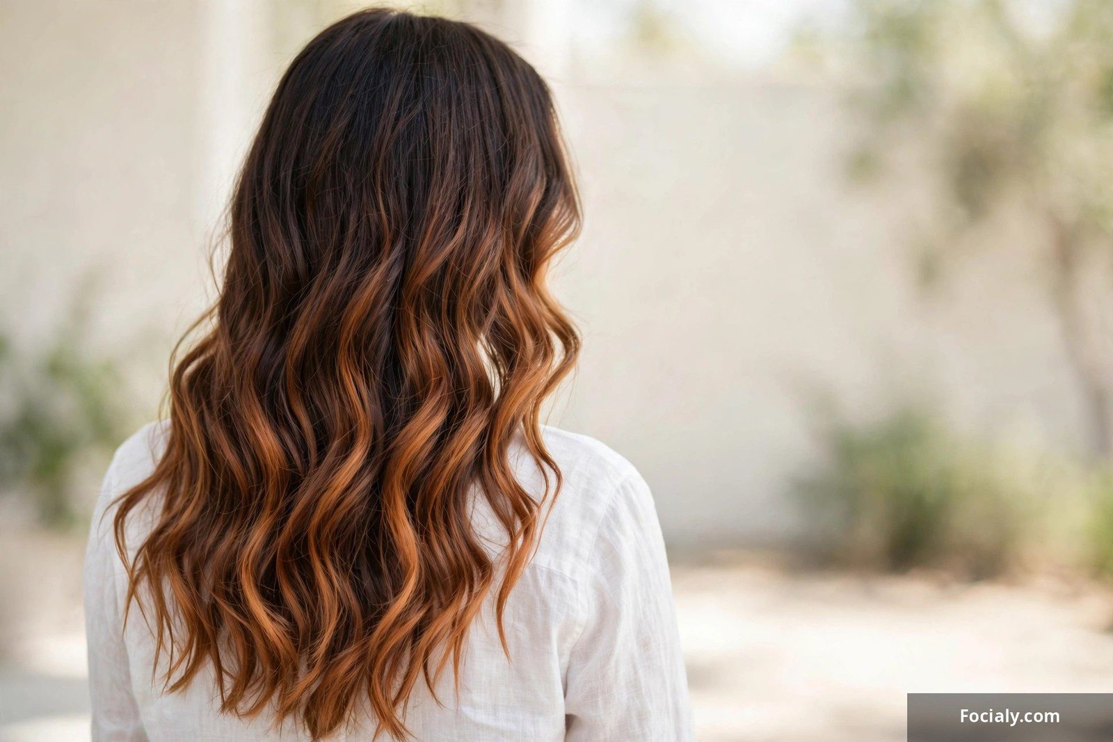 Dark brown hair fading into burnt caramel ombre ends