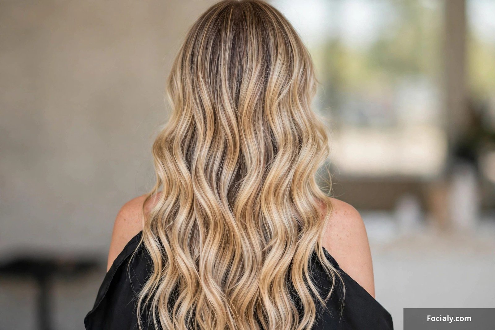 Lived-in blonde foilayage with soft dimension and natural root