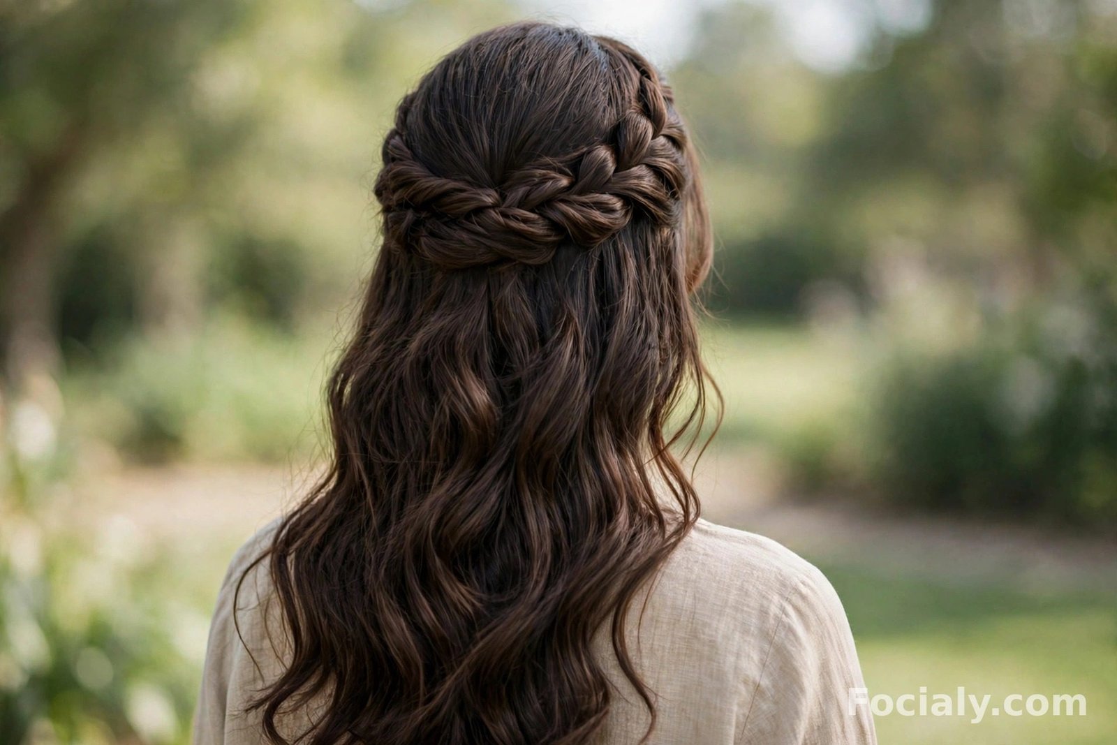Long dark brown wavy hair styled in a twisted crown half up half down hairstyle, back view