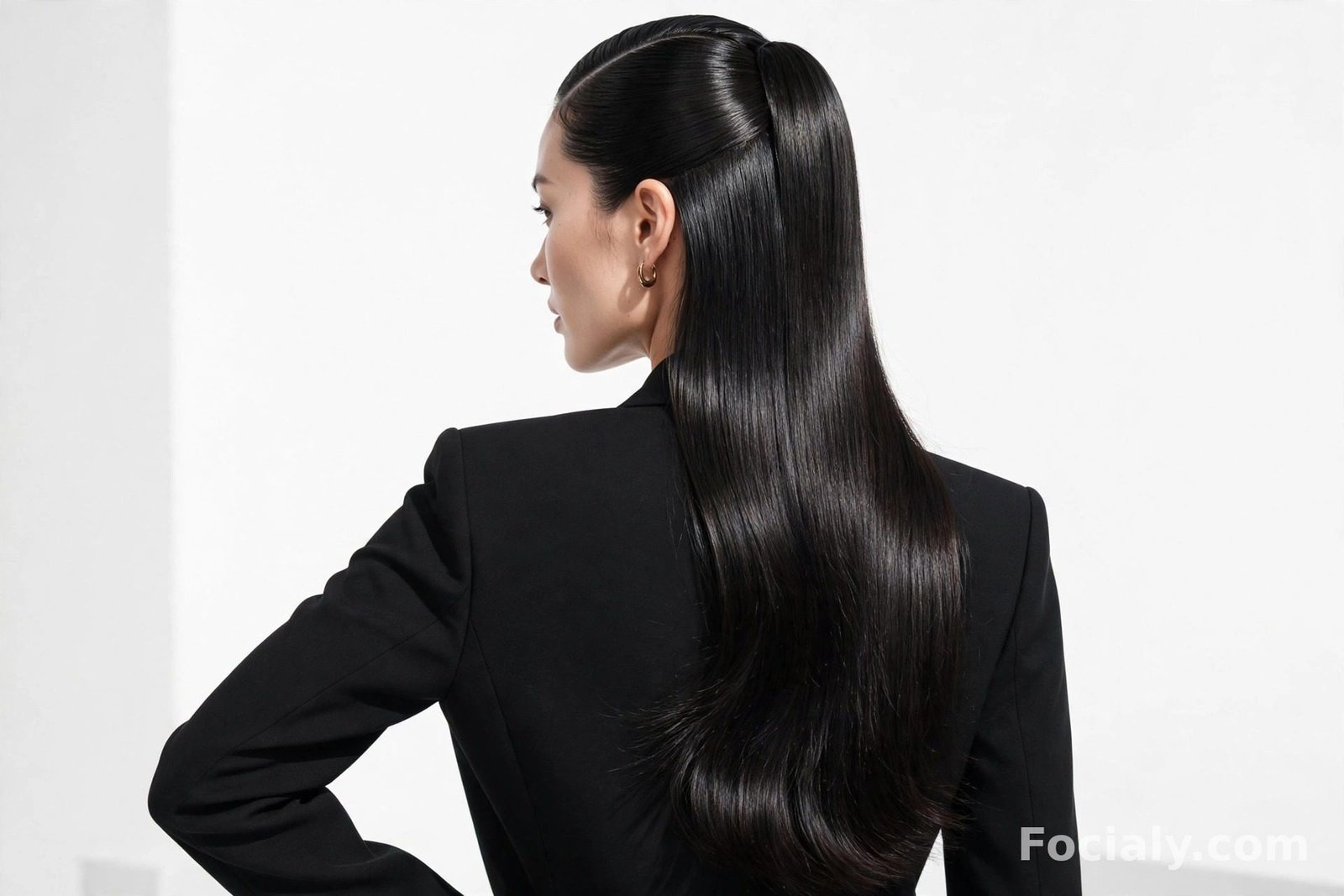 Sleek glossy black straight hair in a polished half up half down ponytail