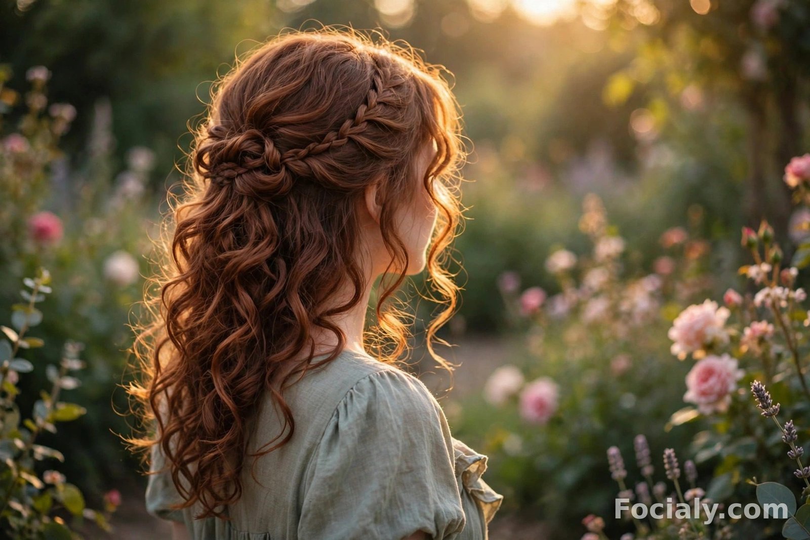 Auburn romantic curls with a thin side braid in a half up half down hairstyle