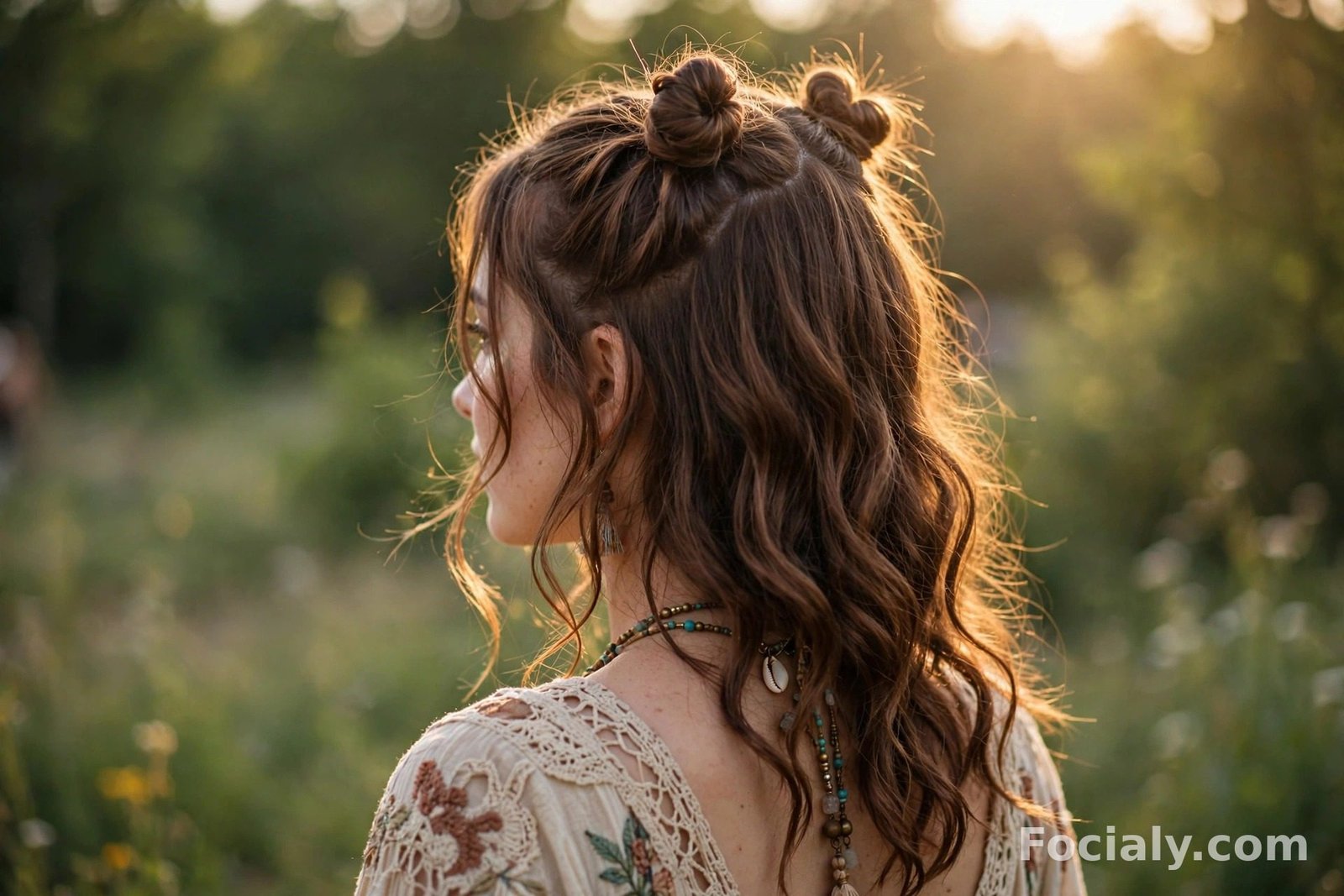 Boho half up half down hairstyle with two small mini buns on chestnut brown wavy hair