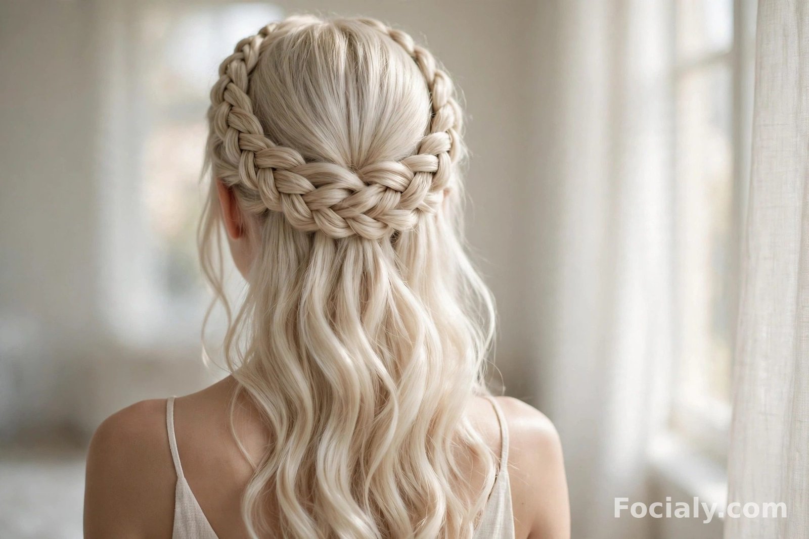 Fishtail braid crown in a half up half down style on platinum blonde hair, back view