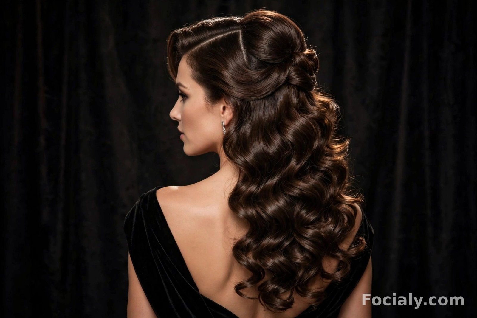 Voluminous old Hollywood waves in a half up half down hairstyle on chocolate brown hair