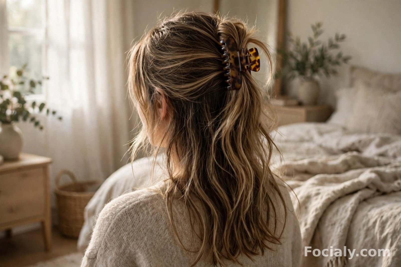 Half up half down hairstyle secured with a tortoiseshell claw clip, back view