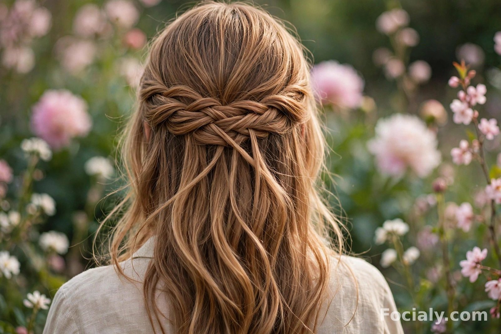 Waterfall braid half up half down hairstyle on caramel blonde hair, back view