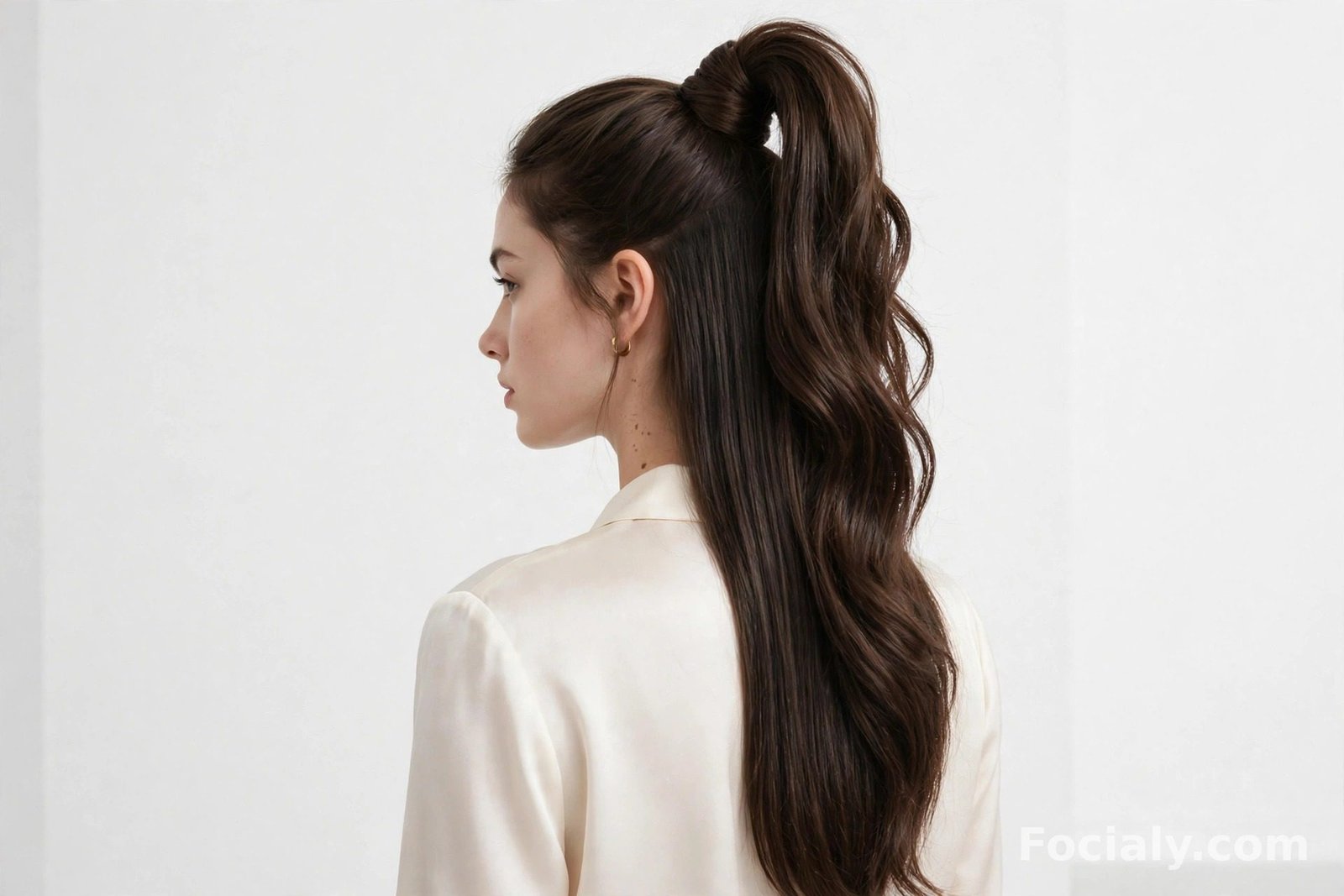 High bouncy half up half down ponytail with hair wrapped around the base on dark brown hair