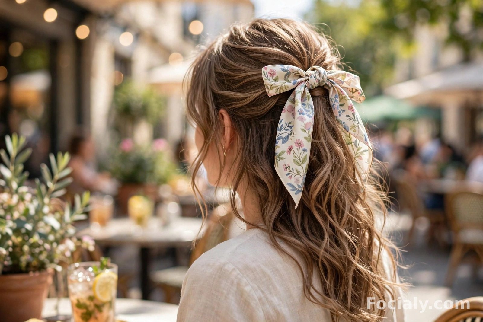 Half up half down hairstyle tied with a printed silk scarf on light brown wavy hair