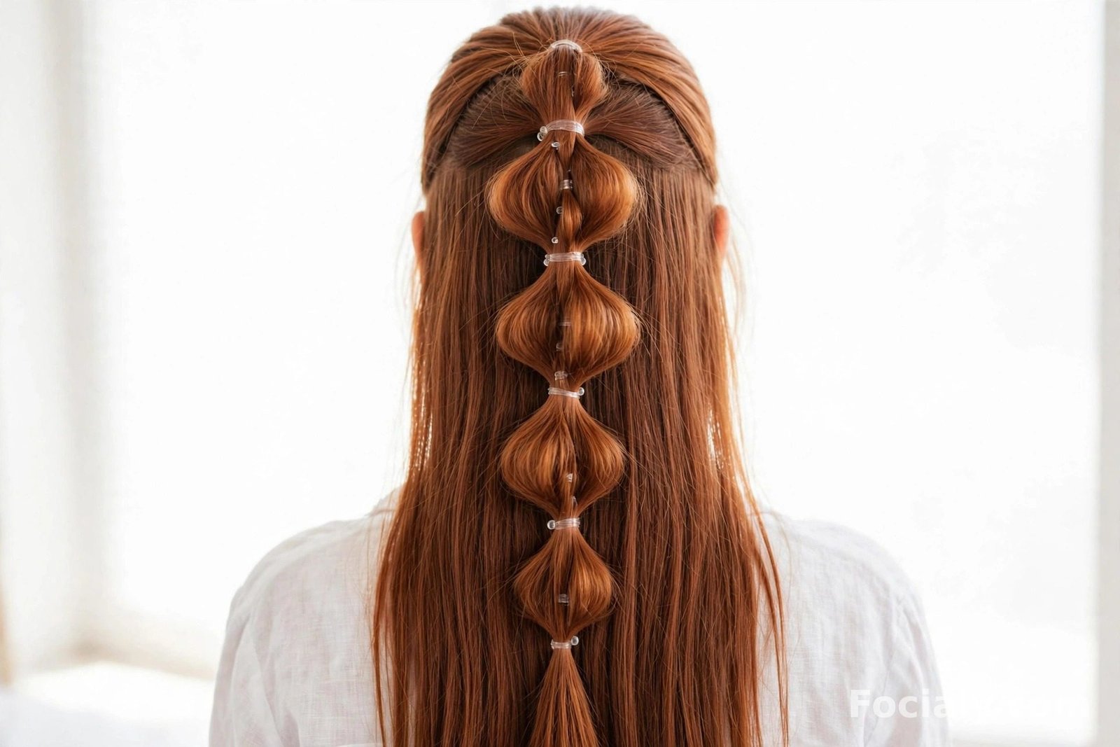 Bubble braid half up half down ponytail with evenly spaced bubbles on auburn hair