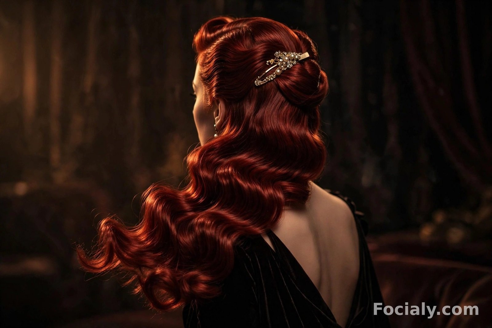 Side-swept vintage glamour half up half down hairstyle on deep red wavy hair