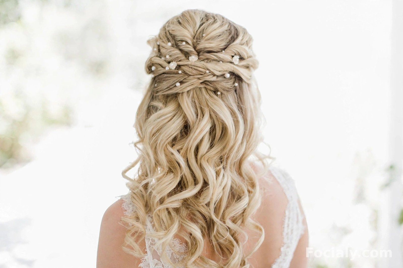 Bridal half up half down hairstyle with pearl pins on blonde curls, back view