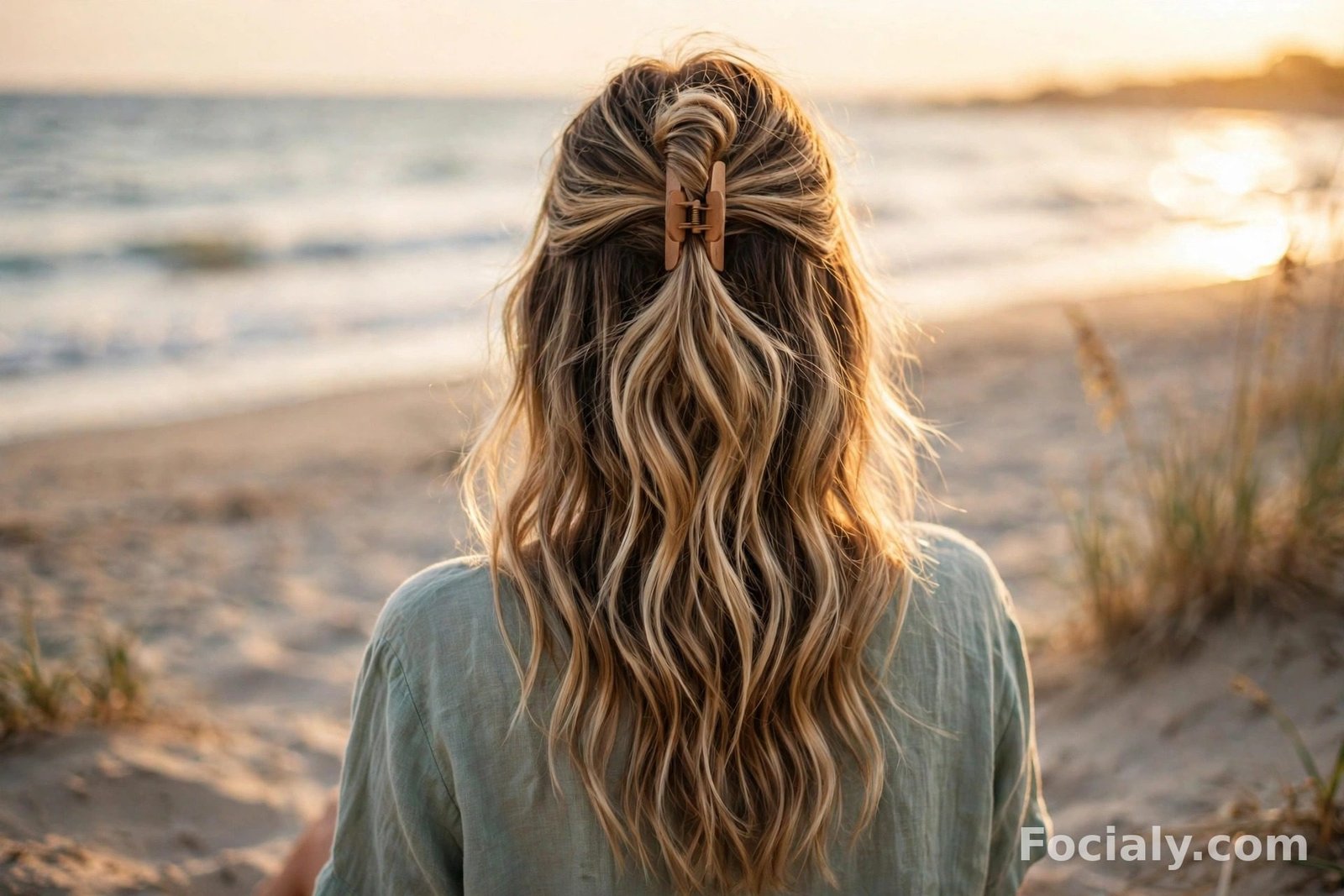 Beachy half up half down waves on balayage hair at the beach, back view