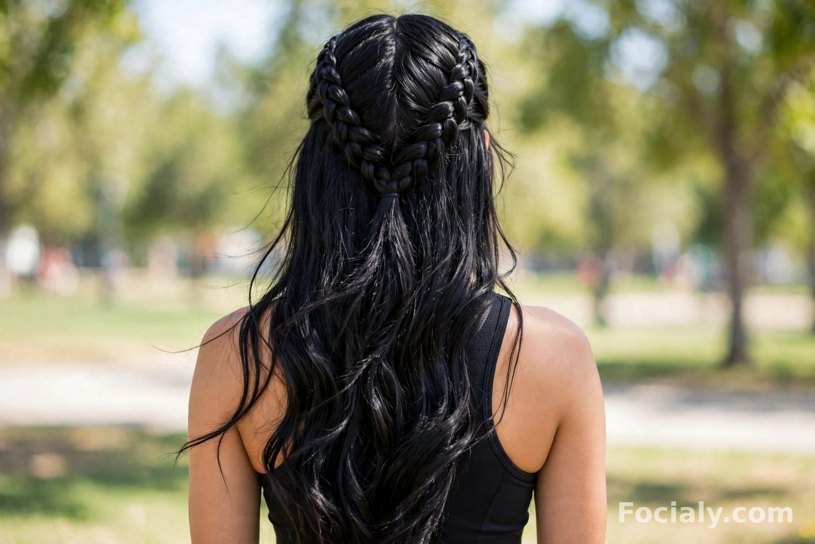 Two dutch braids in a half up half down hairstyle on jet black hair, back view