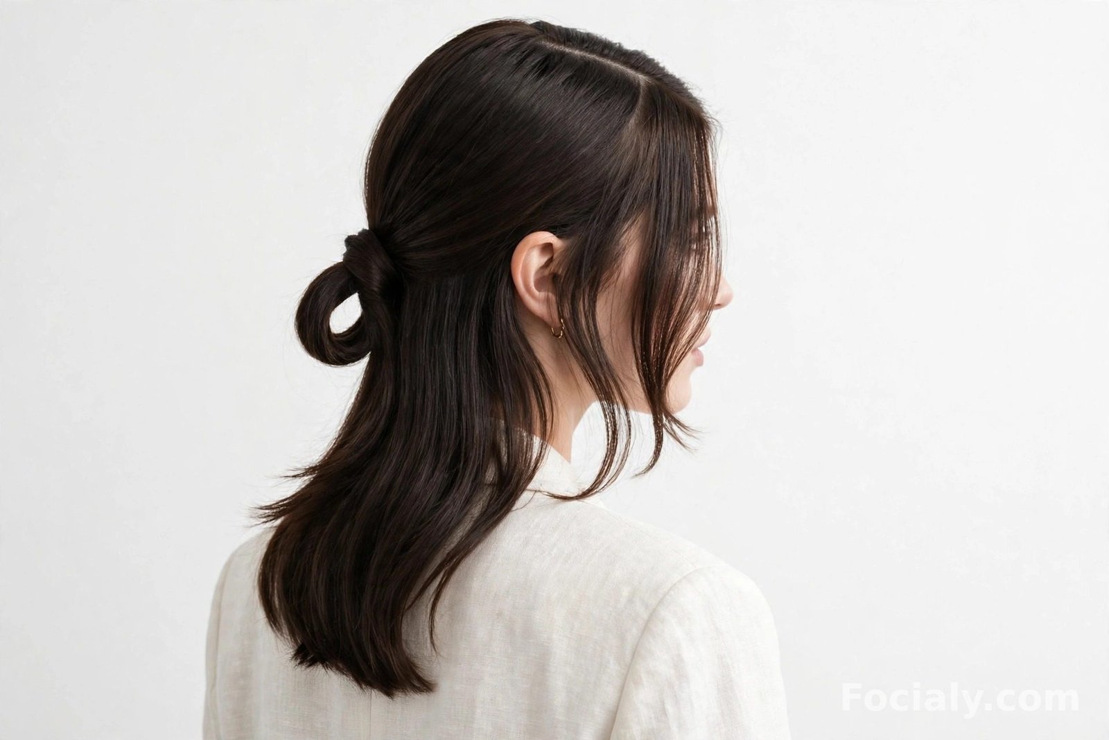 Sleek middle-part half up half down hairstyle with face-framing layers on dark brown hair