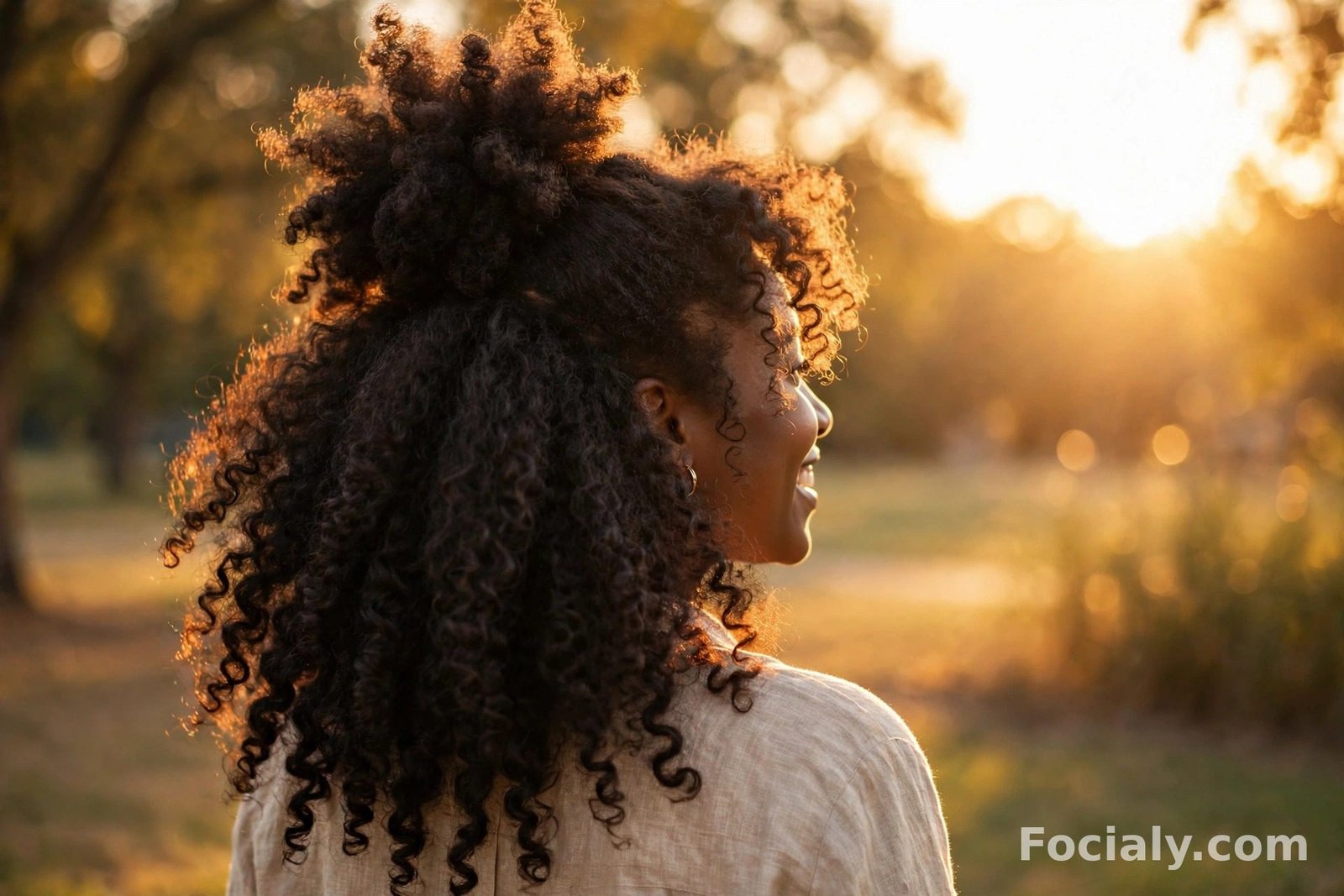 Half up half down pineapple puff on voluminous natural curly hair, back view